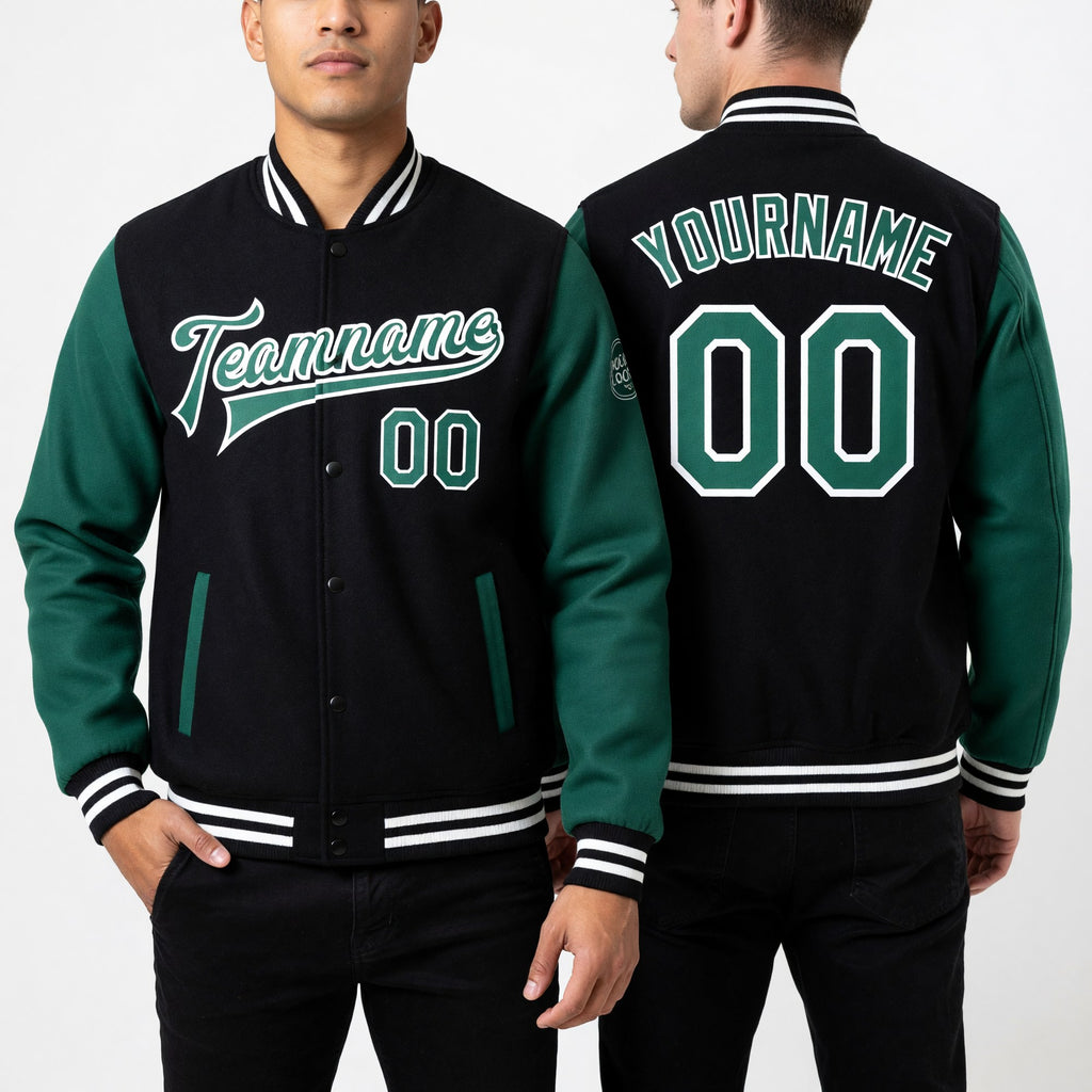 Custom Black Kelly Green-White Bomber Full-Snap Varsity Letterman Two Tone Jacket worn front and back