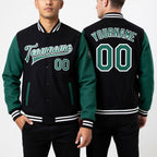 Custom Black Kelly Green-White Bomber Full-Snap Varsity Letterman Two Tone Jacket worn front and back