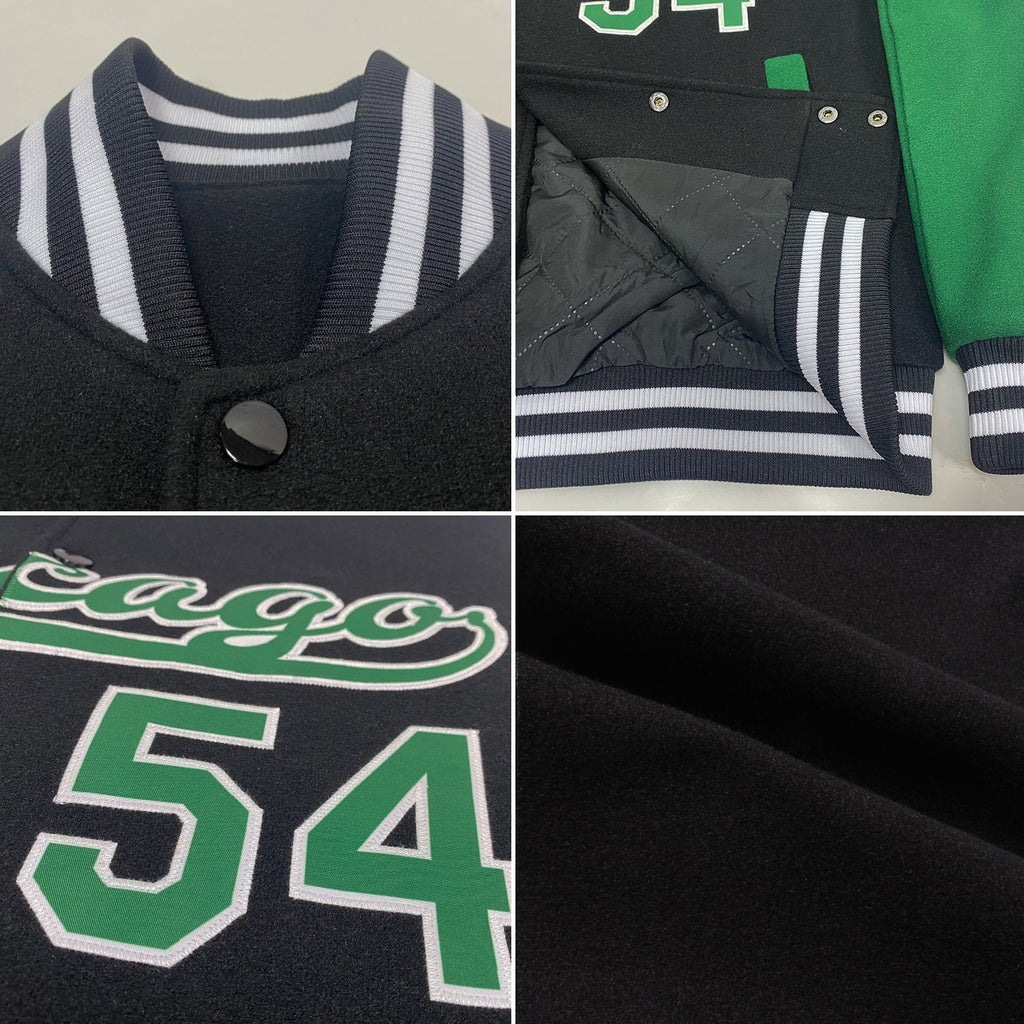 Custom Black Kelly Green-White Bomber Full-Snap Varsity Letterman Two Tone Jacket photo 4