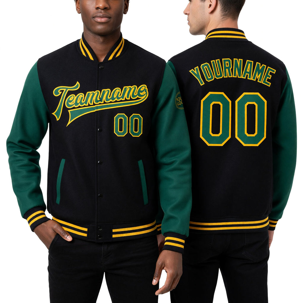 Custom Black Kelly Green-Gold Bomber Full-Snap Varsity Letterman Two Tone Jacket worn front and back