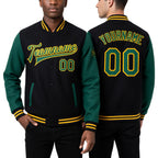 Custom Black Kelly Green-Gold Bomber Full-Snap Varsity Letterman Two Tone Jacket worn front and back