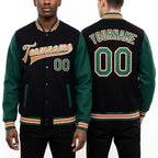 Custom Black Kelly Green-Orange Bomber Full-Snap Varsity Letterman Two Tone Jacket worn front and back