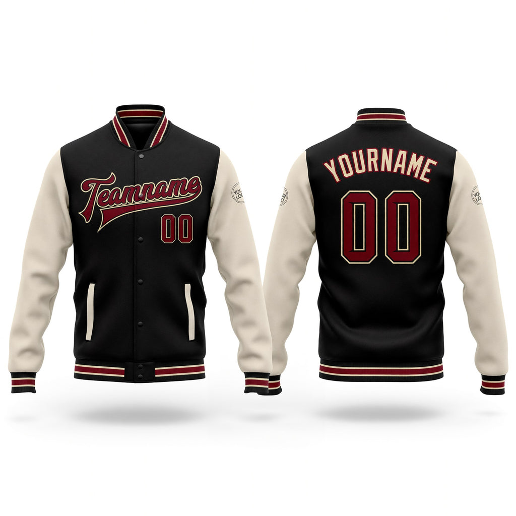 Custom Black Crimson City Cream-Cream Bomber Full-Snap Varsity Letterman Two Tone Jacket