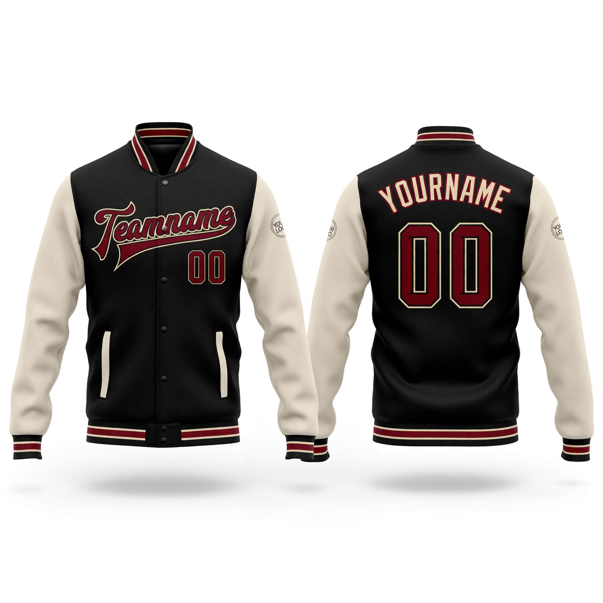 Custom Black Crimson City Cream-Cream Bomber Full-Snap Varsity Letterman Two Tone Jacket
