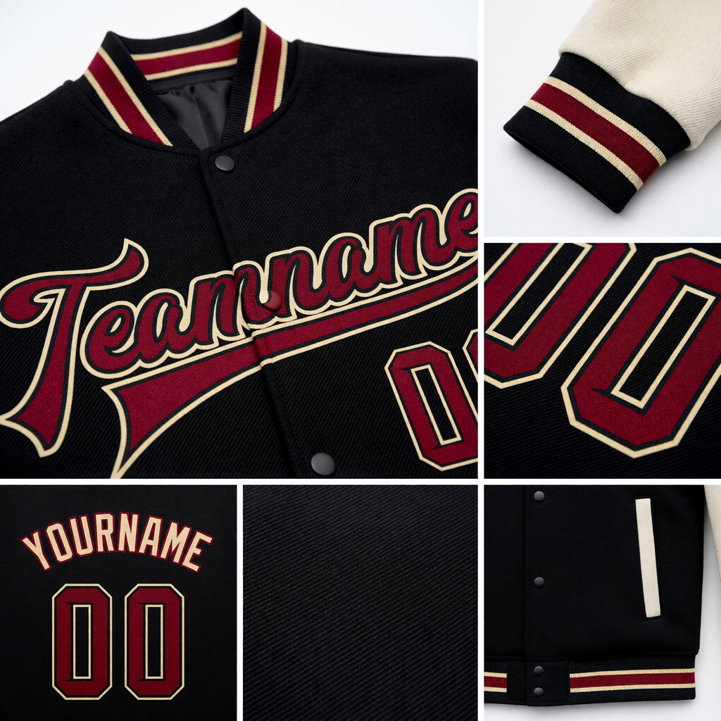 Custom Black Crimson City Cream-Cream Bomber Full-Snap Varsity Letterman Two Tone Jacket detail