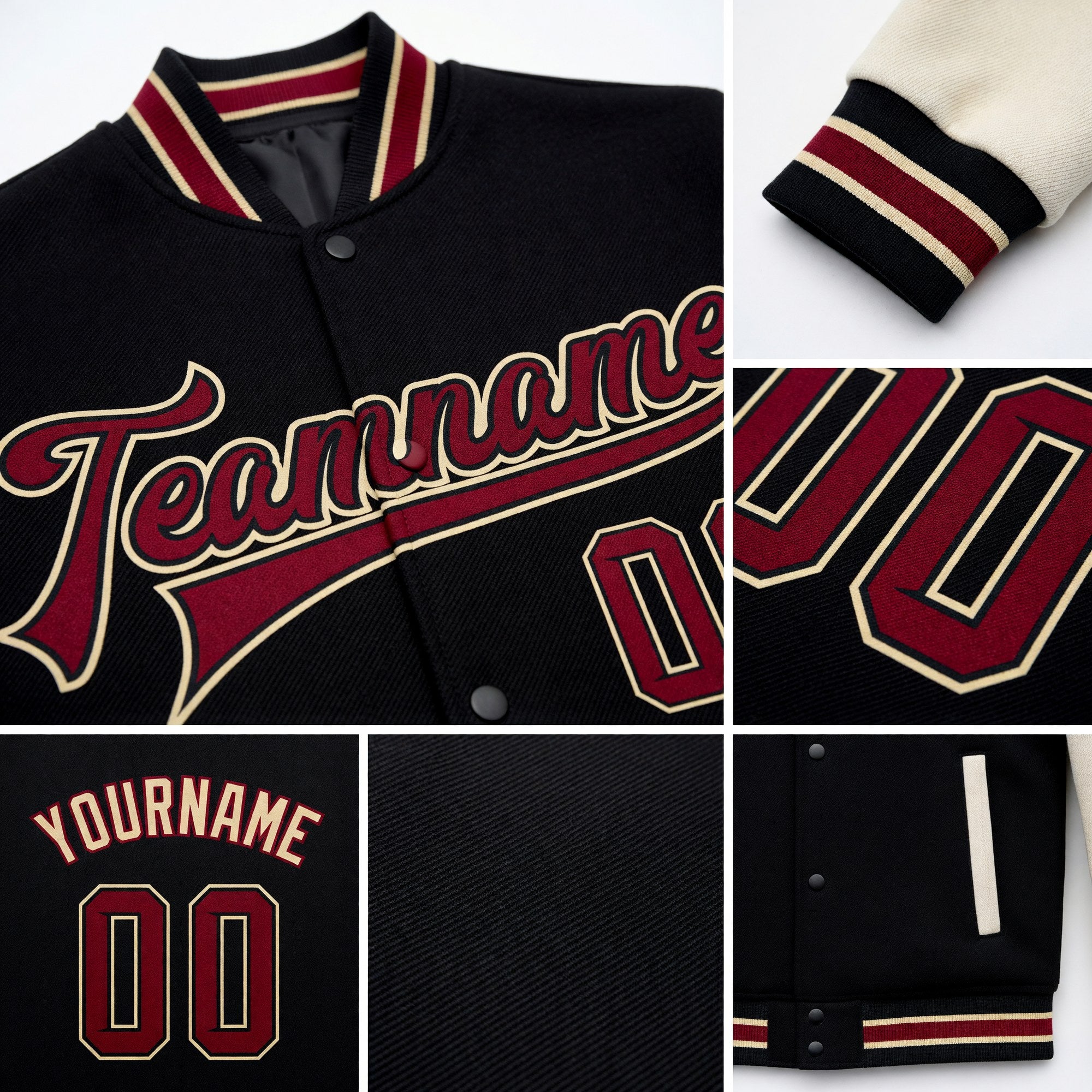 Custom Black Crimson City Cream-Cream Bomber Full-Snap Varsity Letterman Two Tone Jacket detail