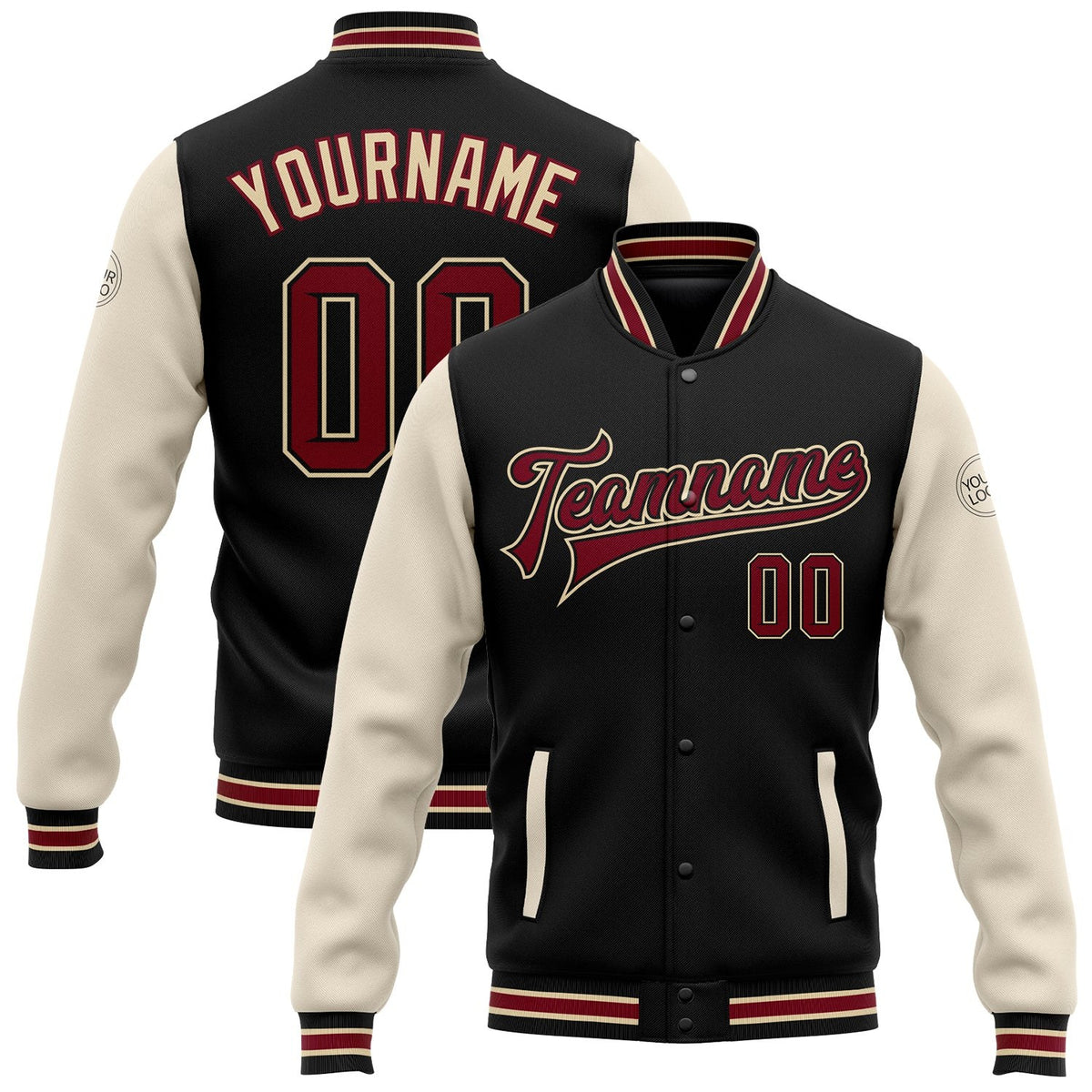 Custom Black Crimson City Cream-Cream Bomber Full-Snap Varsity Letterman Two Tone Jacket photo 1