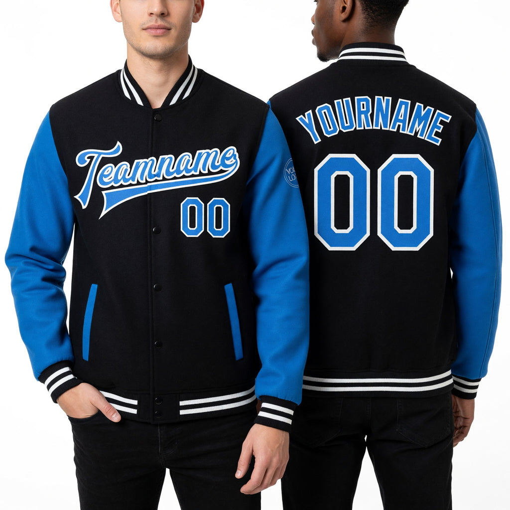 Custom Black Powder Blue-White Bomber Full-Snap Varsity Letterman Two Tone Jacket worn front and back
