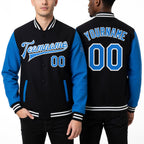 Custom Black Powder Blue-White Bomber Full-Snap Varsity Letterman Two Tone Jacket worn front and back