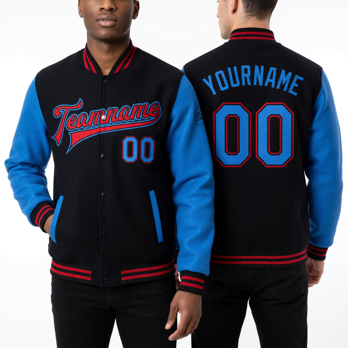 Custom Black Powder Blue-Red Bomber Full-Snap Varsity Letterman Two Tone Jacket worn front and back