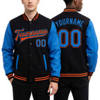 Custom Black Powder Blue-Orange Bomber Full-Snap Varsity Letterman Two Tone Jacket worn front and back