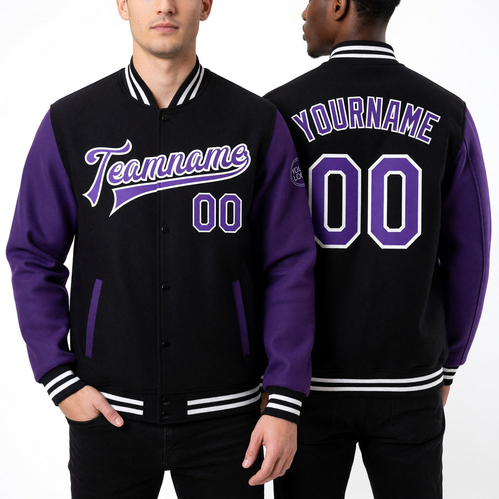 Custom Black Purple-White Bomber Full-Snap Varsity Letterman Two Tone Jacket worn front and back