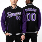 Custom Black Purple-White Bomber Full-Snap Varsity Letterman Two Tone Jacket worn front and back