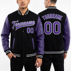 Custom Black Purple-Gray Bomber Full-Snap Varsity Letterman Two Tone Jacket worn front and back