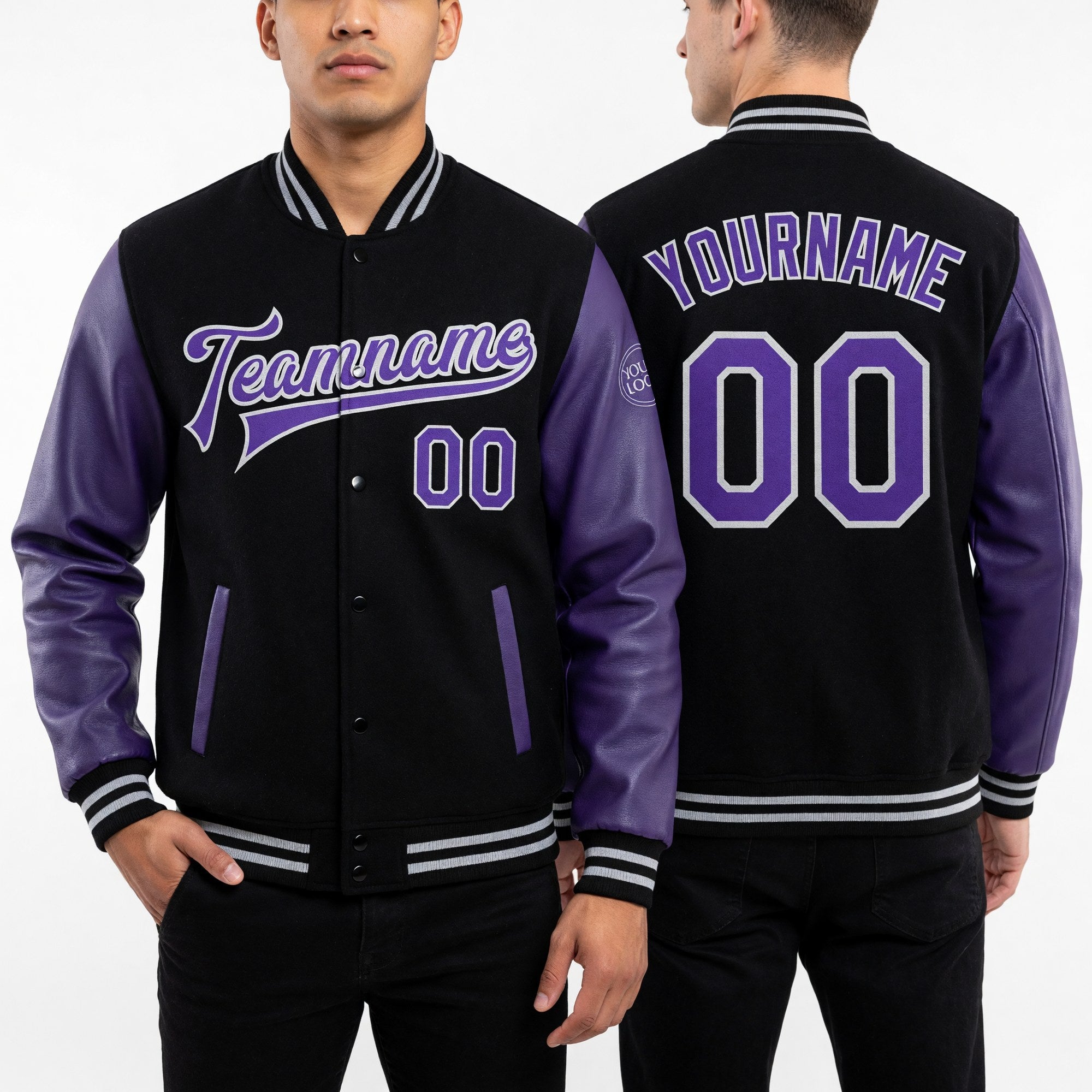 Custom Black Purple-Gray Bomber Full-Snap Varsity Letterman Two Tone Jacket worn front and back