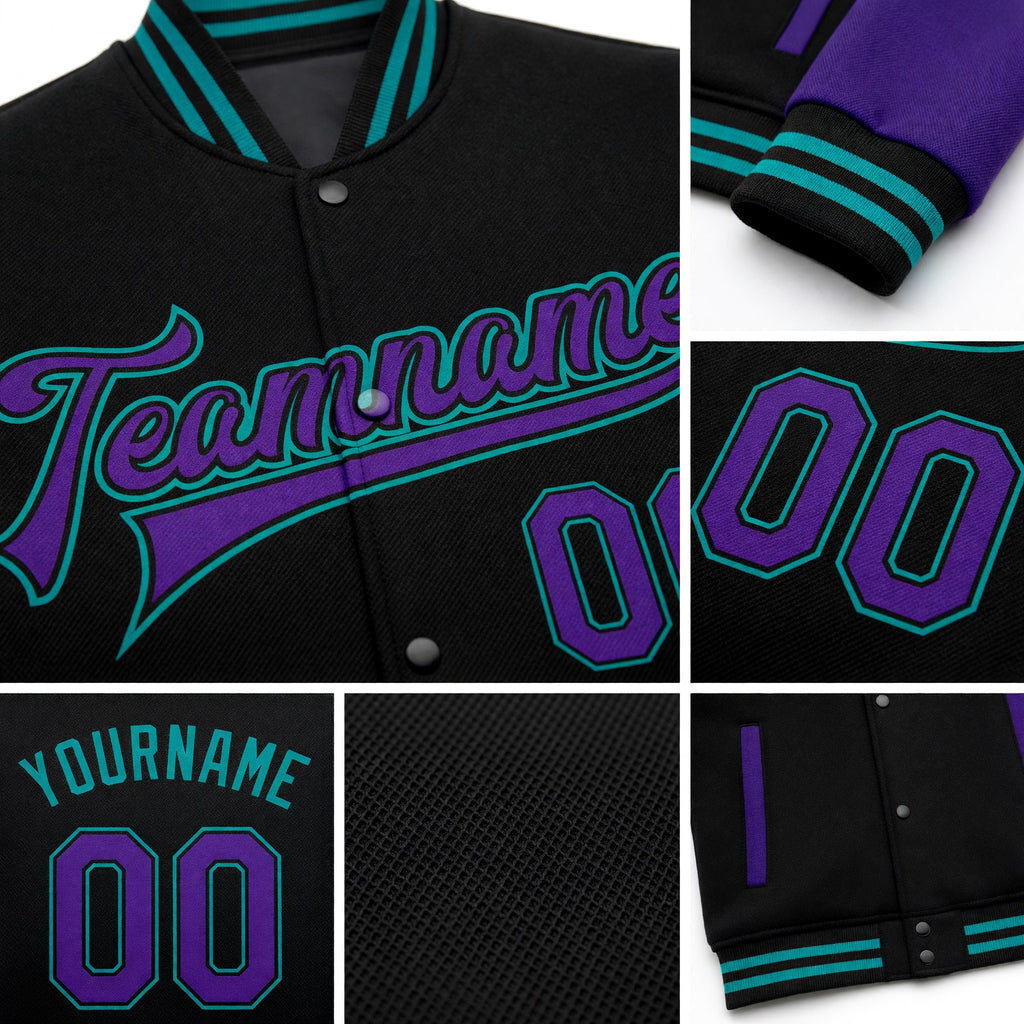 Custom Black Purple-Teal Bomber Full-Snap Varsity Letterman Two Tone Jacket detail