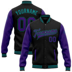 Custom Black Purple-Teal Bomber Full-Snap Varsity Letterman Two Tone Jacket photo 1