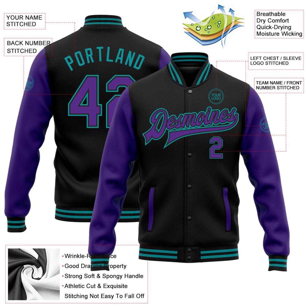Custom Black Purple-Teal Bomber Full-Snap Varsity Letterman Two Tone Jacket photo 5