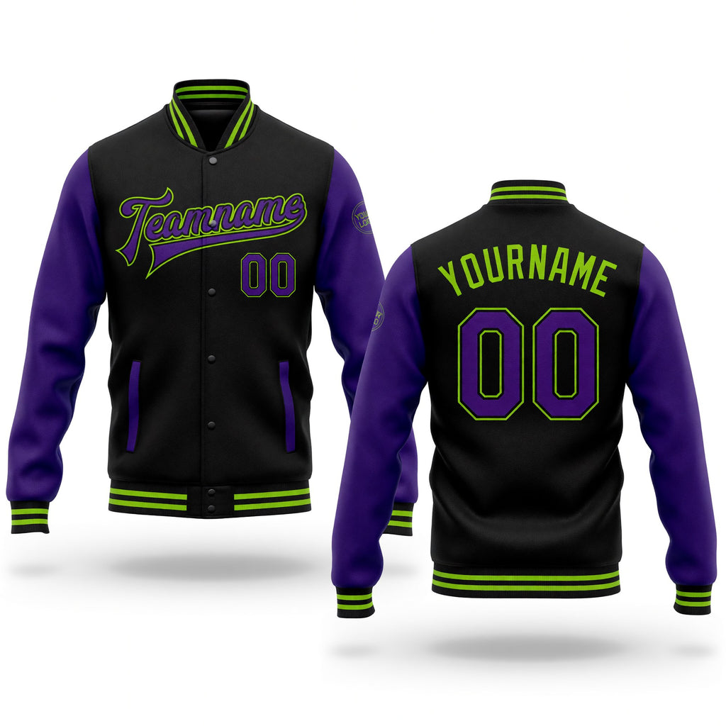 Custom Black Purple-Neon Green Bomber Full-Snap Varsity Letterman Two Tone Jacket