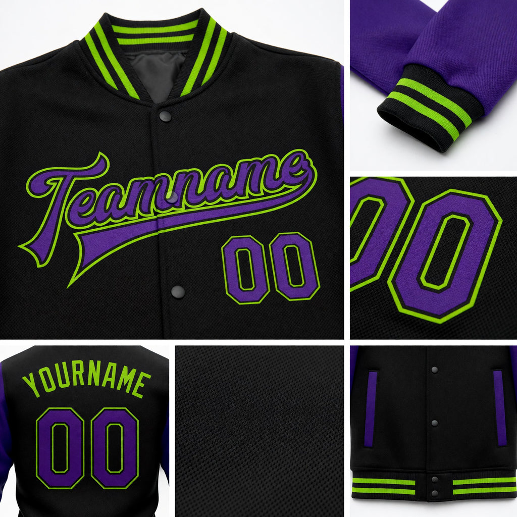Custom Black Purple-Neon Green Bomber Full-Snap Varsity Letterman Two Tone Jacket detail