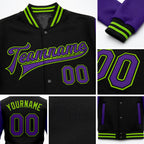 Custom Black Purple-Neon Green Bomber Full-Snap Varsity Letterman Two Tone Jacket detail