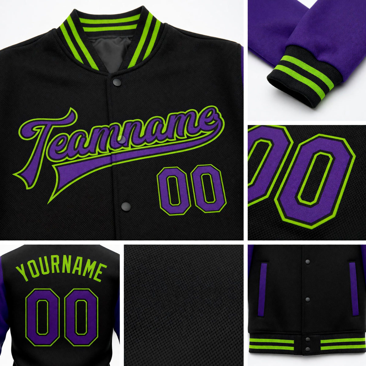 Custom Black Purple-Neon Green Bomber Full-Snap Varsity Letterman Two Tone Jacket detail