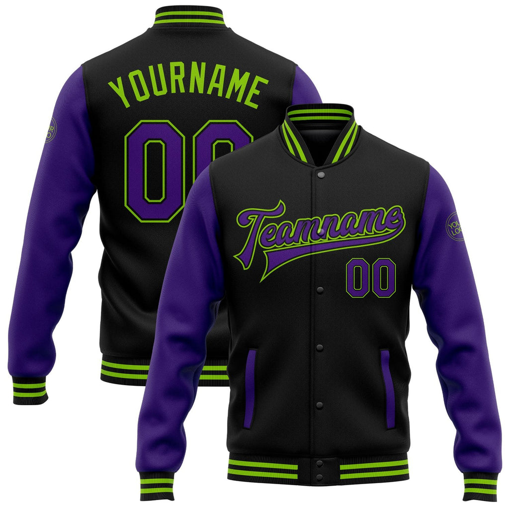 Custom Black Purple-Neon Green Bomber Full-Snap Varsity Letterman Two Tone Jacket photo 1