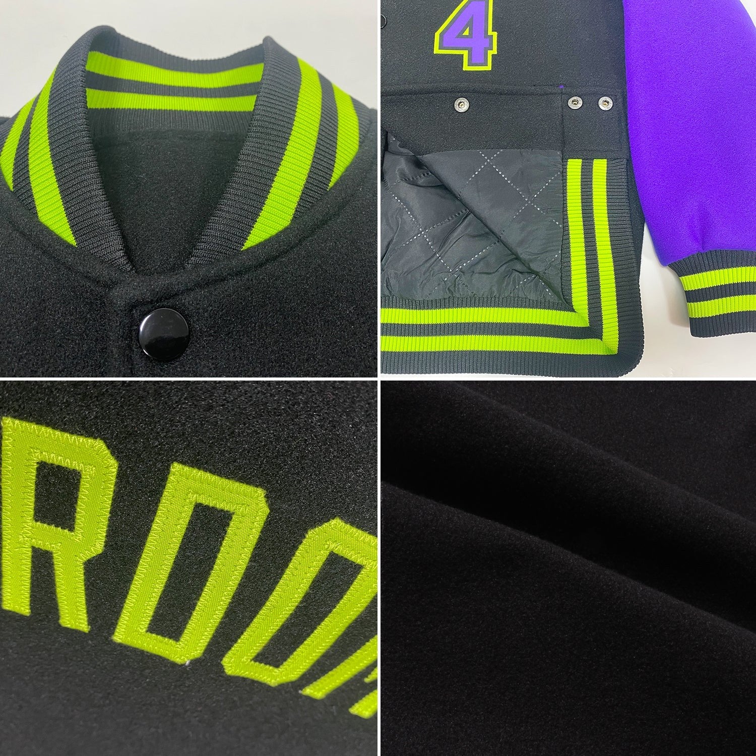 Custom Black Purple-Neon Green Bomber Full-Snap Varsity Letterman Two Tone Jacket photo 4