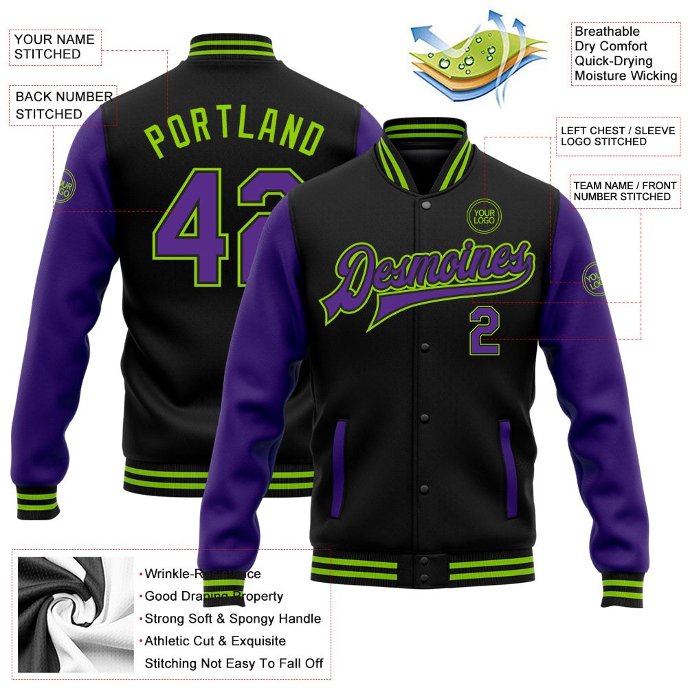 Custom Black Purple-Neon Green Bomber Full-Snap Varsity Letterman Two Tone Jacket photo 5