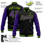Custom Black Purple-Neon Green Bomber Full-Snap Varsity Letterman Two Tone Jacket photo 5