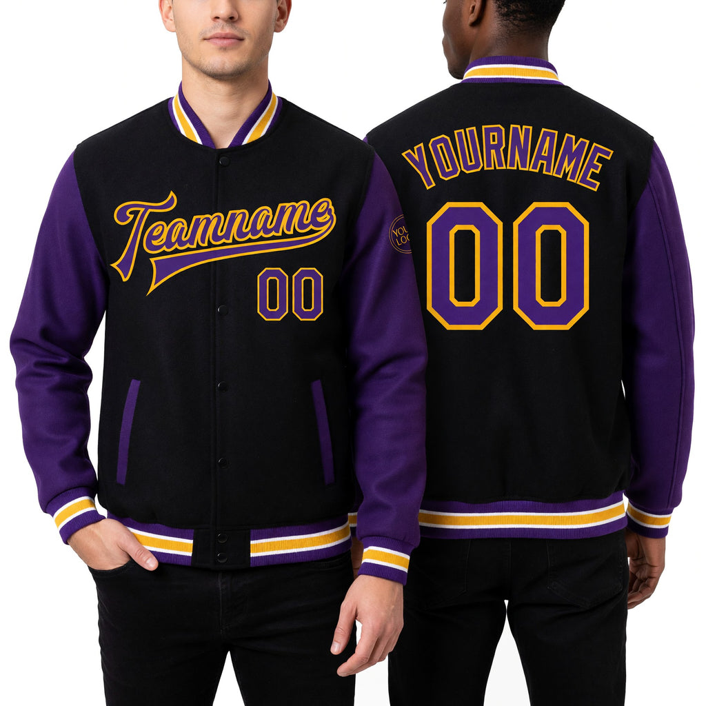 Custom Black Purple-Gold Bomber Full-Snap Varsity Letterman Two Tone Jacket worn front and back