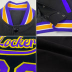 Custom Black Purple-Gold Bomber Full-Snap Varsity Letterman Two Tone Jacket photo 4