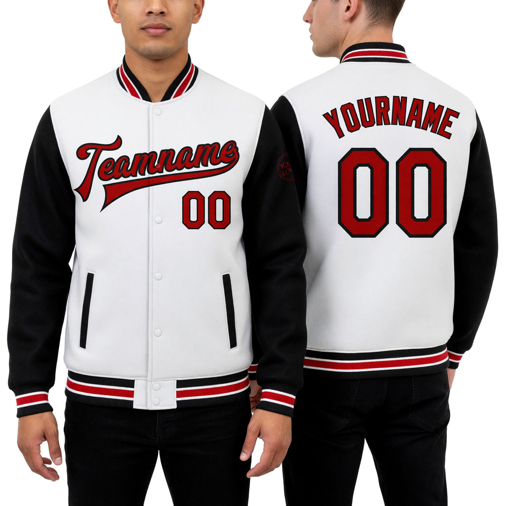Custom White Red-Black Bomber Full-Snap Varsity Letterman Two Tone Jacket worn front and back