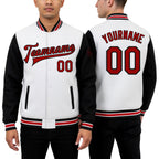 Custom White Red-Black Bomber Full-Snap Varsity Letterman Two Tone Jacket worn front and back