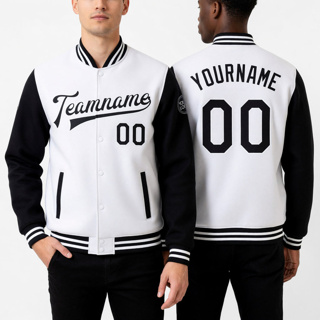 Custom White Black Bomber Full-Snap Varsity Letterman Two Tone Jacket worn front and back