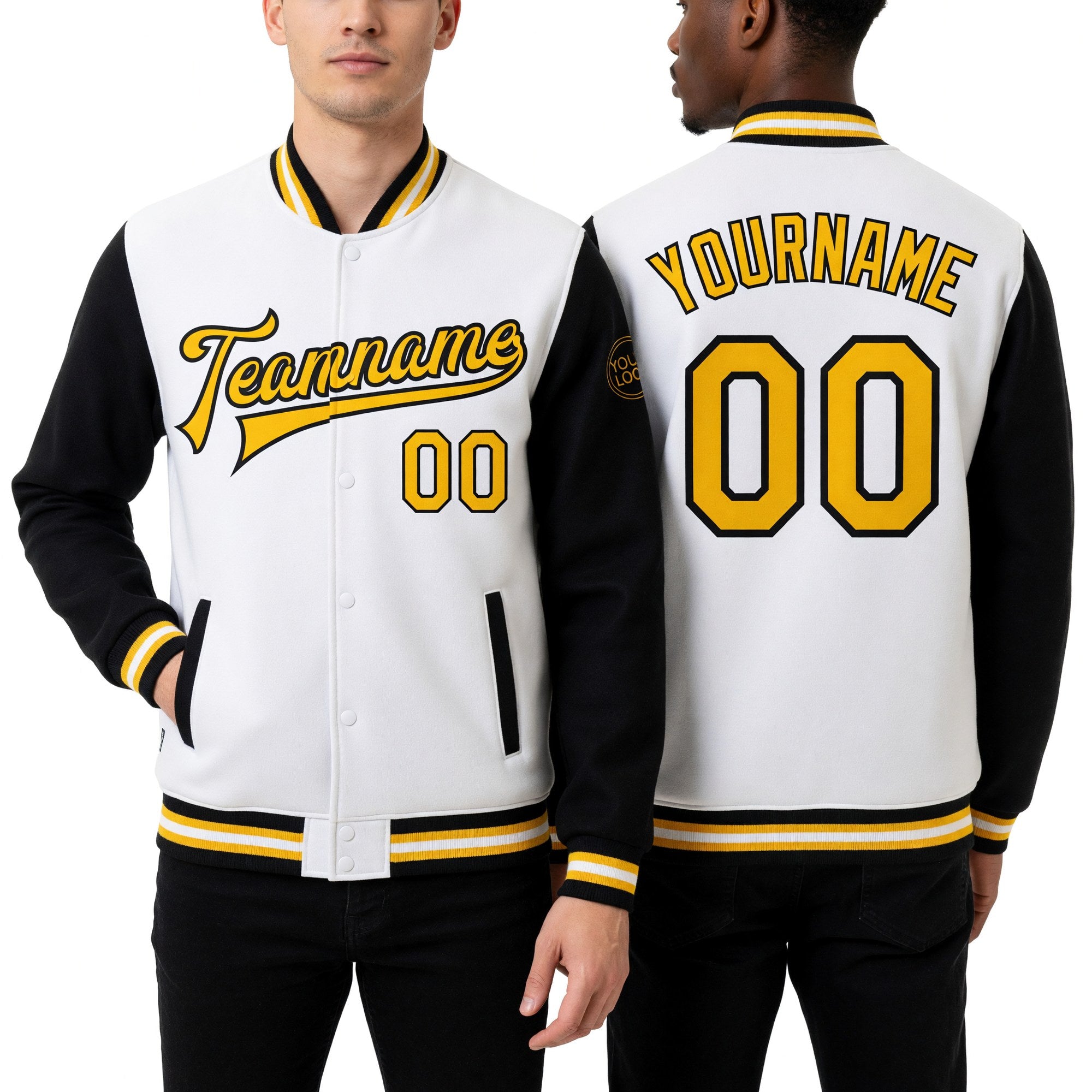 Custom White Gold-Black Bomber Full-Snap Varsity Letterman Two Tone Jacket worn front and back