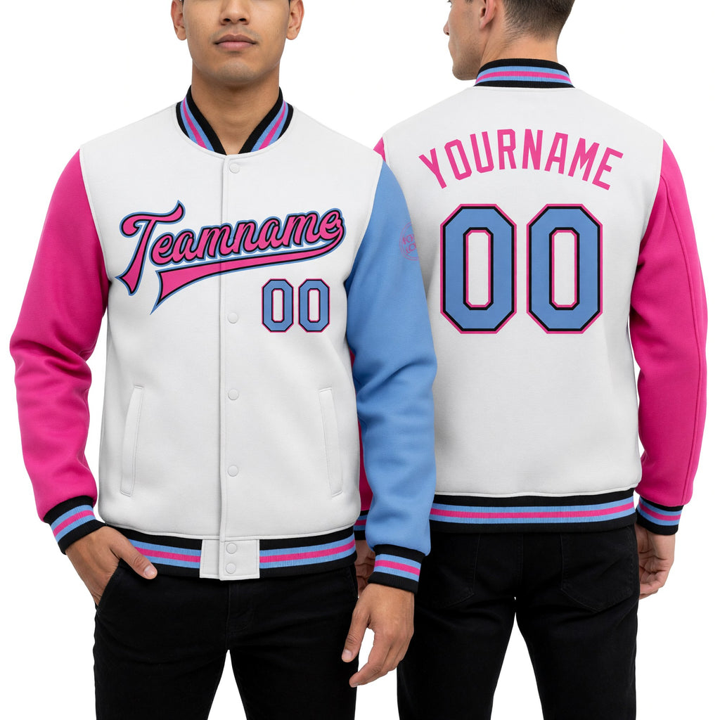 Custom White Light Blue Black-Pink Bomber Full-Snap Varsity Letterman Two Tone Jacket worn front and back