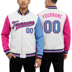 Custom White Light Blue Black-Pink Bomber Full-Snap Varsity Letterman Two Tone Jacket worn front and back
