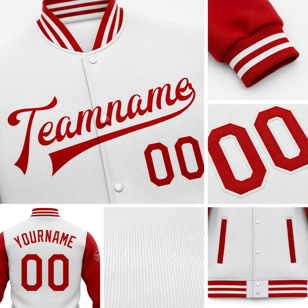 Custom White Red Bomber Full-Snap Varsity Letterman Two Tone Jacket detail