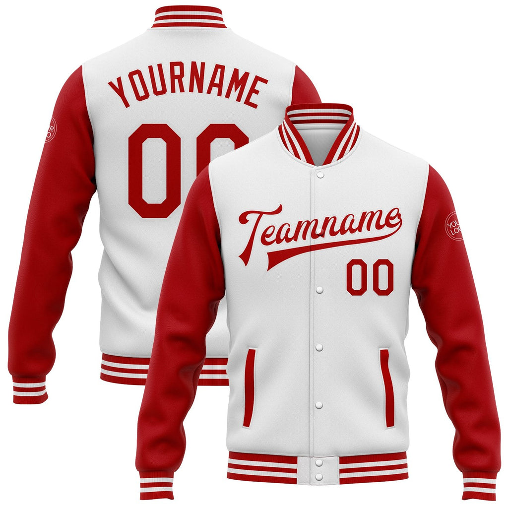 Custom White Red Bomber Full-Snap Varsity Letterman Two Tone Jacket photo 1