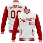 Custom White Red Bomber Full-Snap Varsity Letterman Two Tone Jacket photo 1