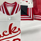 Custom White Red Bomber Full-Snap Varsity Letterman Two Tone Jacket photo 4