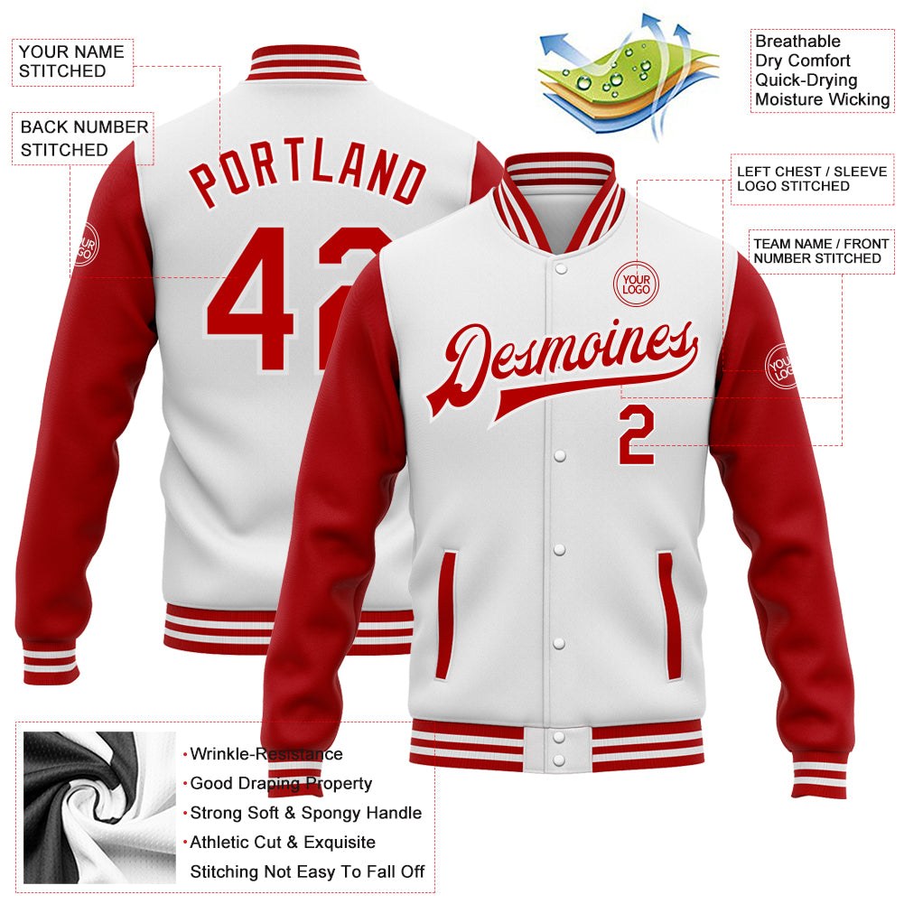 Custom White Red Bomber Full-Snap Varsity Letterman Two Tone Jacket photo 5