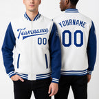 Custom White Royal Bomber Full-Snap Varsity Letterman Two Tone Jacket worn front and back