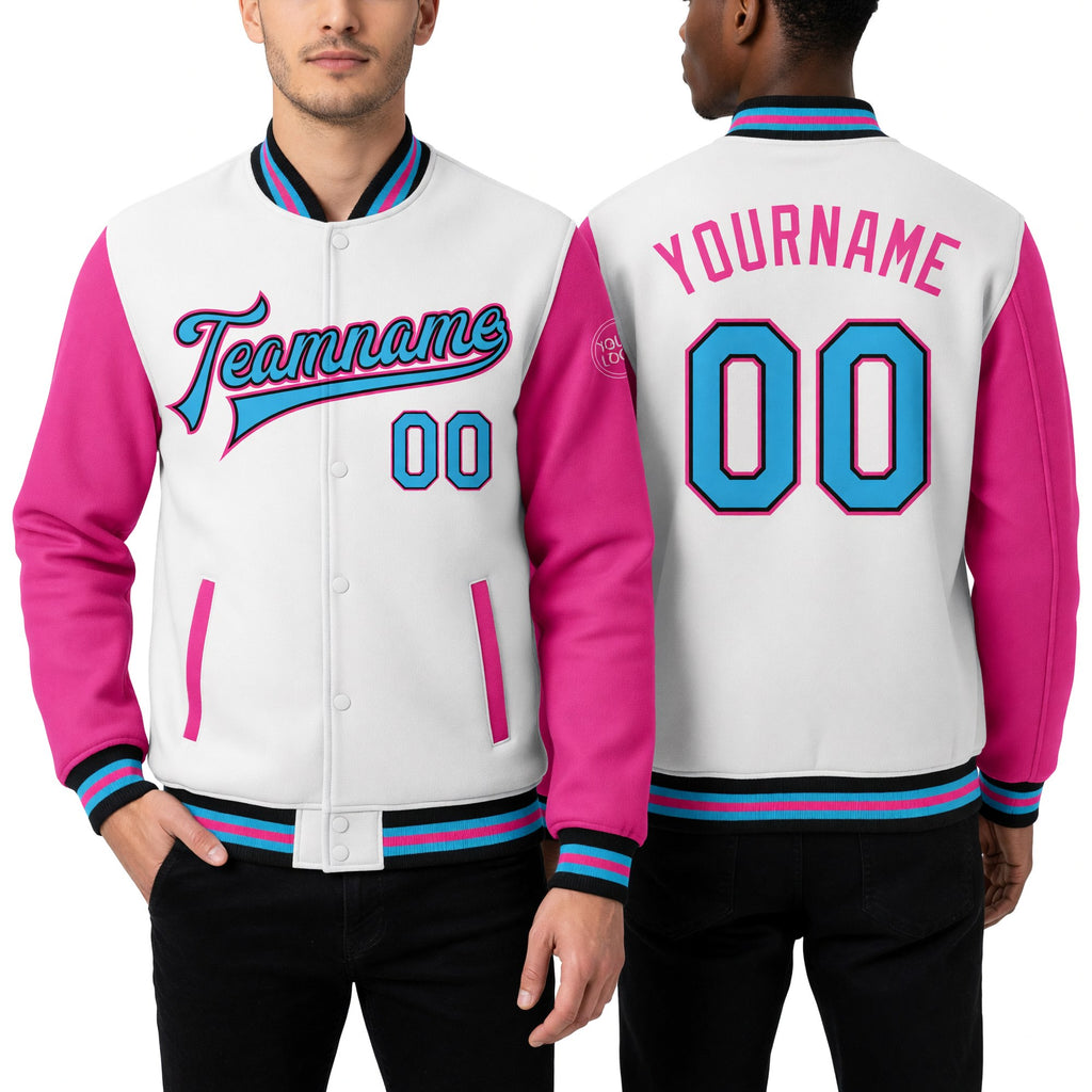Custom White Sky Blue Black-Pink Bomber Full-Snap Varsity Letterman Two Tone Jacket worn front and back