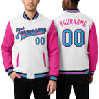 Custom White Sky Blue Black-Pink Bomber Full-Snap Varsity Letterman Two Tone Jacket worn front and back