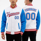 Custom White Powder Blue-Red Bomber Full-Snap Varsity Letterman Two Tone Jacket worn front and back
