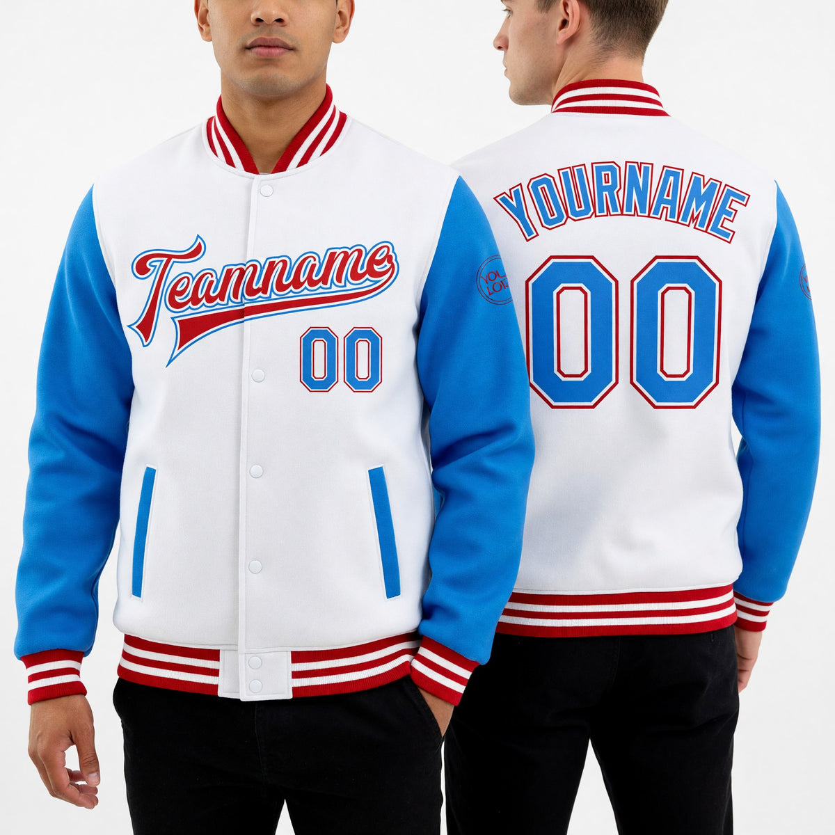 Custom White Powder Blue-Red Bomber Full-Snap Varsity Letterman Two Tone Jacket worn front and back