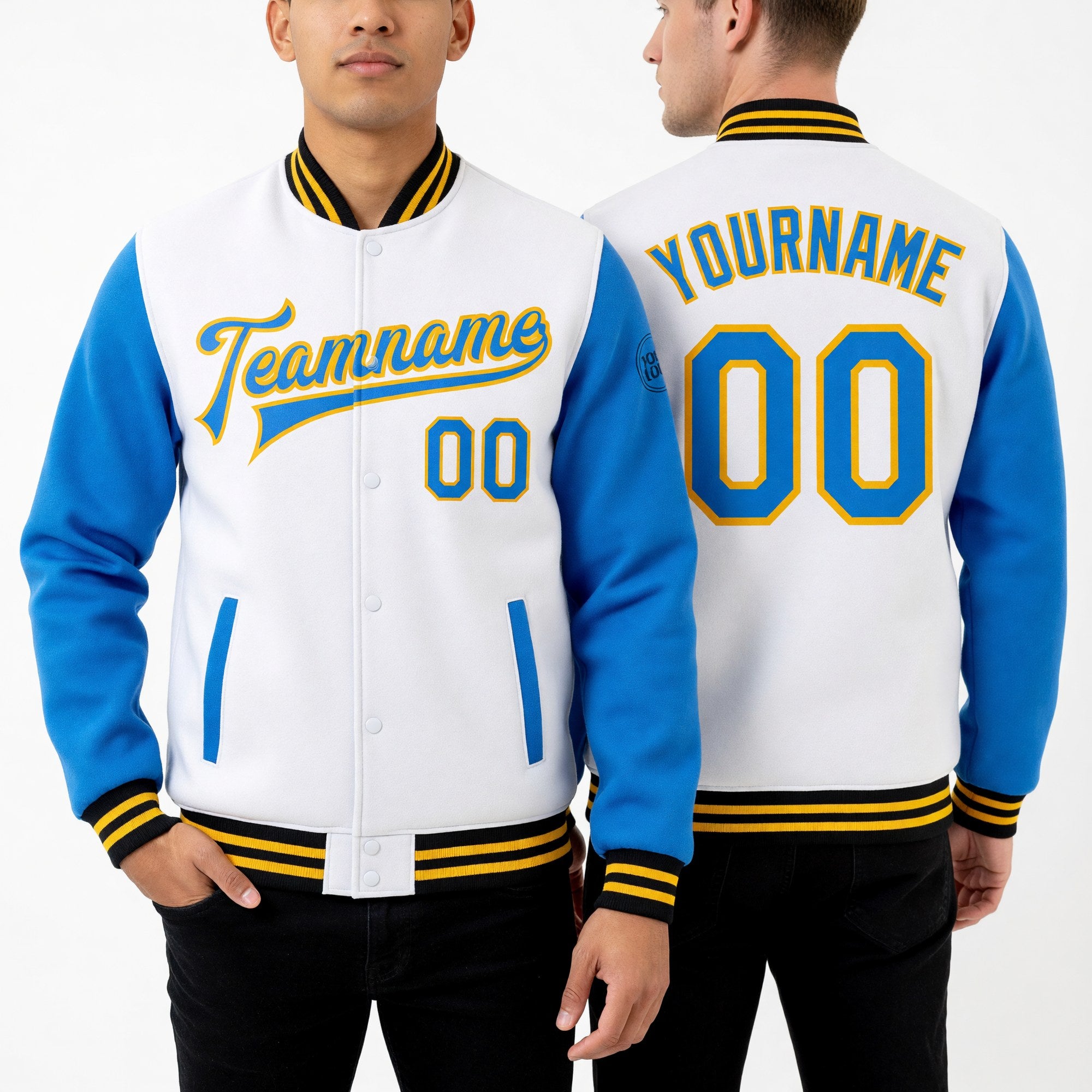Custom White Powder Blue Gold-Black Bomber Full-Snap Varsity Letterman Two Tone Jacket worn front and back