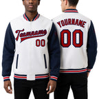 Custom White Red-Navy Bomber Full-Snap Varsity Letterman Two Tone Jacket worn front and back